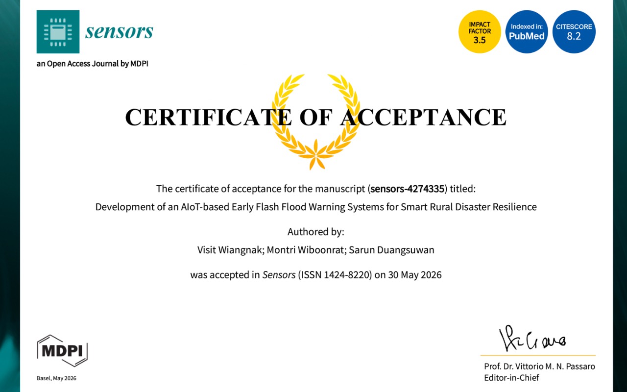 งานวิจัยผู้บริหาร ใส่ใจ เทค ตีพิมพ์ในวารสาร Sensors ระดับ Scopus Q1